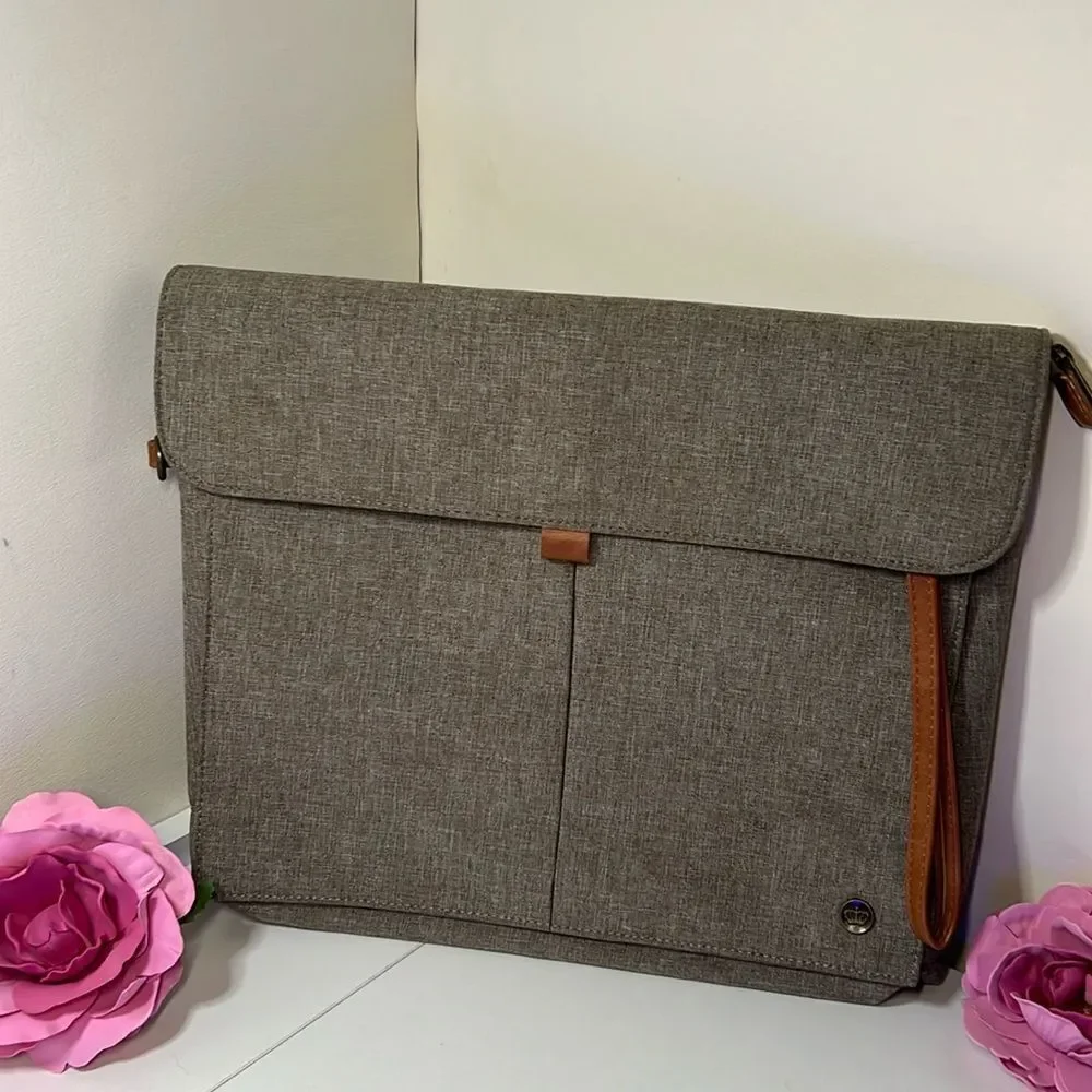 PKG Tablet Case Laptop Bag New w/o Tags Gray with Tobacco Faux Leather Trim